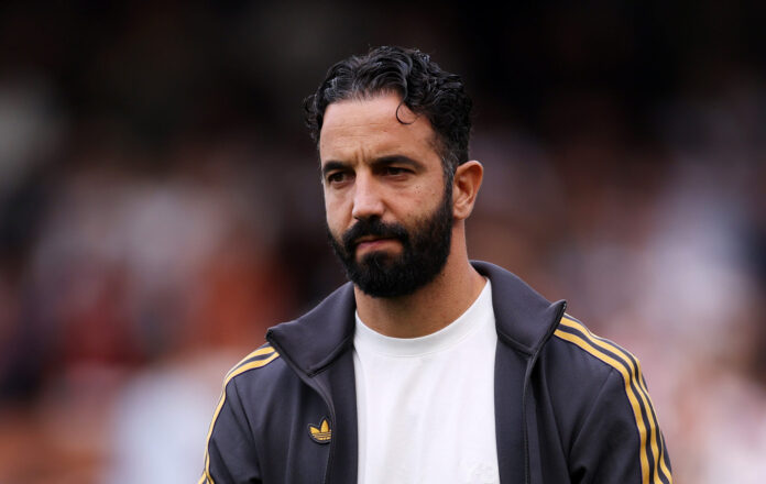 Ruben Amorim, Manager of Man Utd, looks on prior to the Premier League match between Fulham and Manchester United at Craven Cottage on August 24, 2025 in London, England.