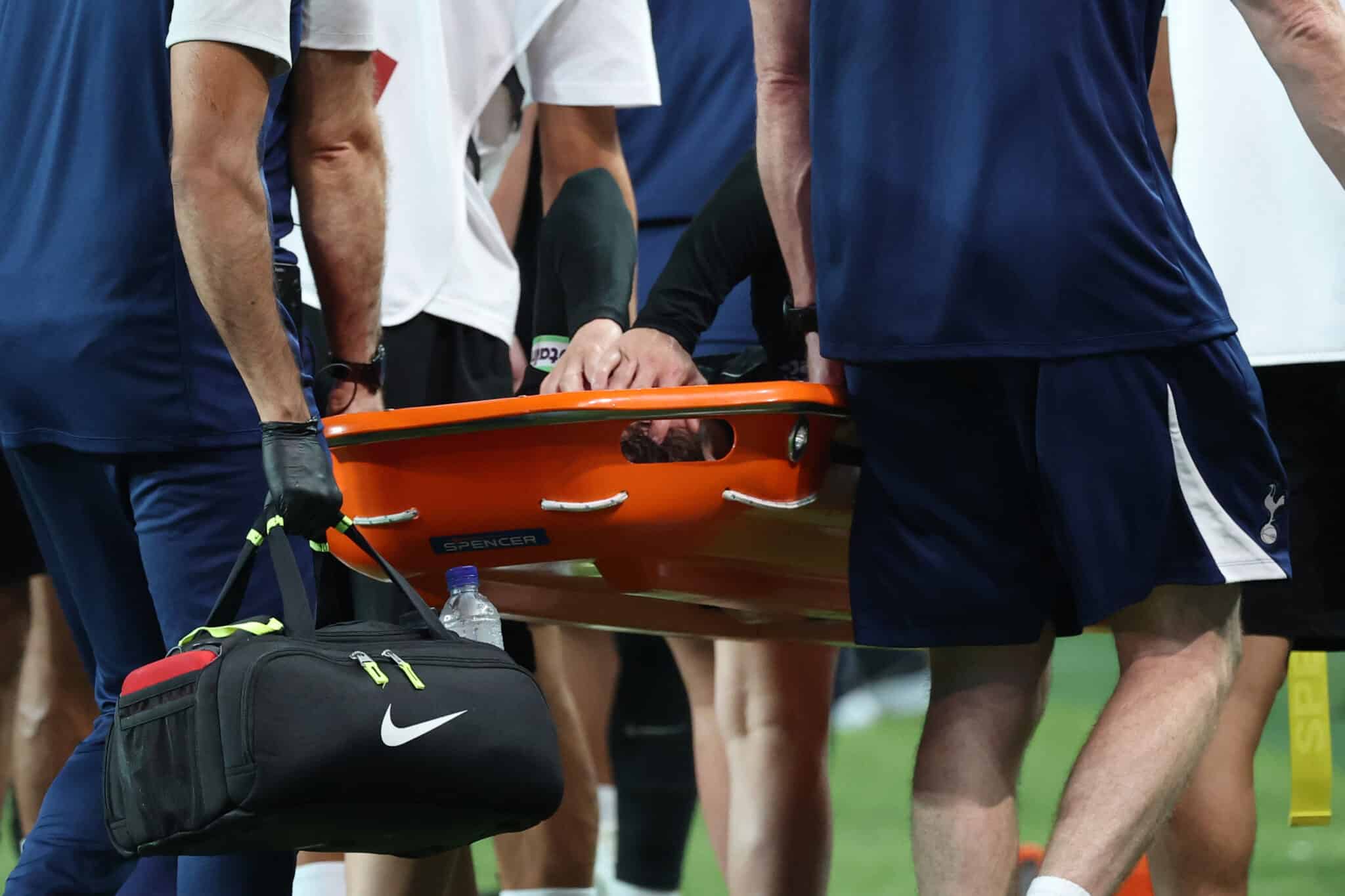 Spurs midfielder James Maddison is stretchered off following an injury during the Pre-Season Friendly match between Tottenham Hotspur and Newcastle United at Seoul World Cup Stadium on August 03, 2025 in Seoul, South Korea.