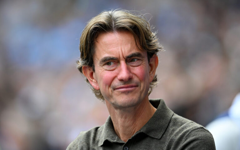 Thomas Frank, Manager of Spurs, looks on prior to the Premier League match between Manchester City and Tottenham Hotspur at Etihad Stadium on August 23, 2025 in Manchester, England.