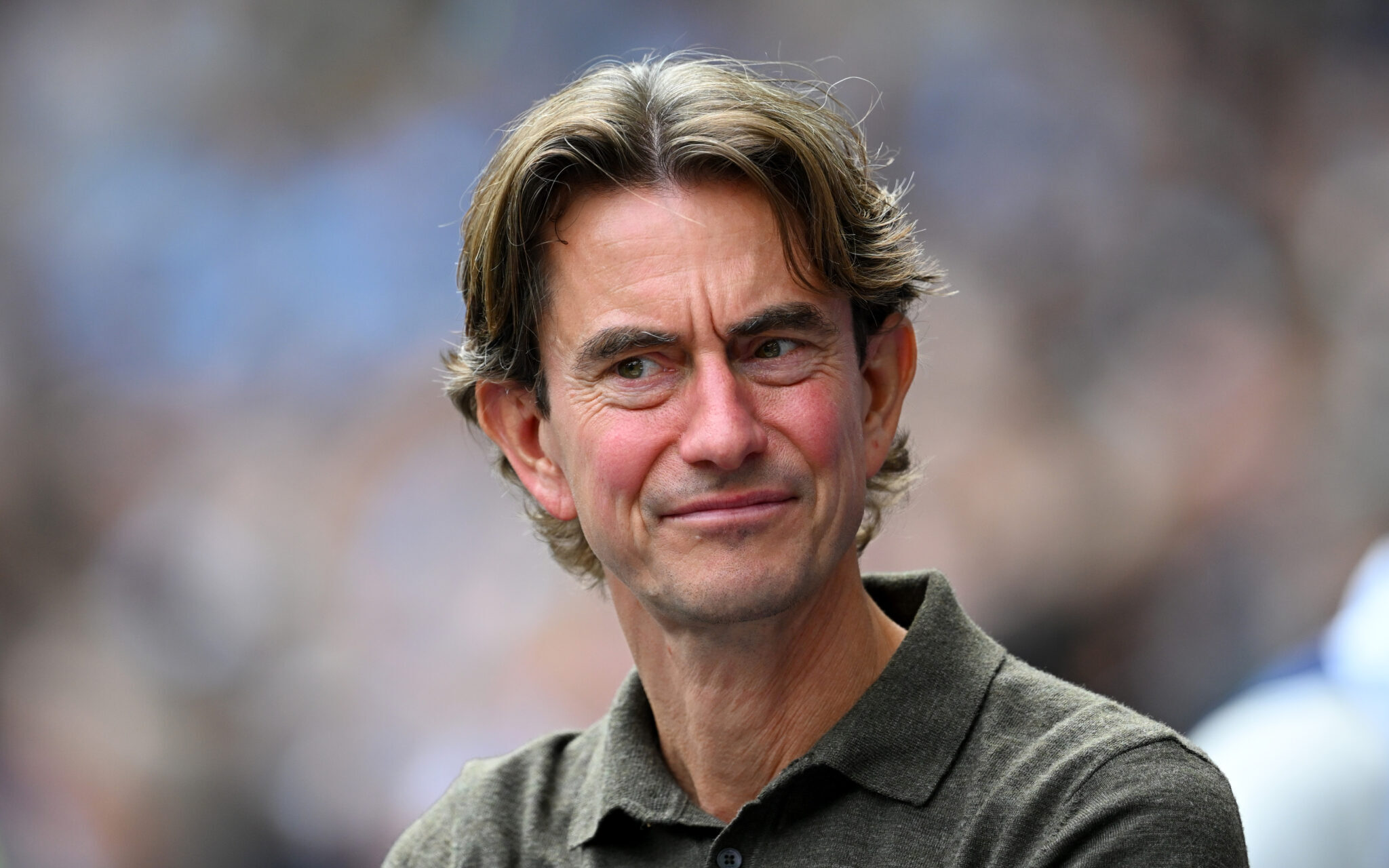 Thomas Frank, Manager of Spurs, looks on prior to the Premier League match between Manchester City and Tottenham Hotspur at Etihad Stadium on August 23, 2025 in Manchester, England.