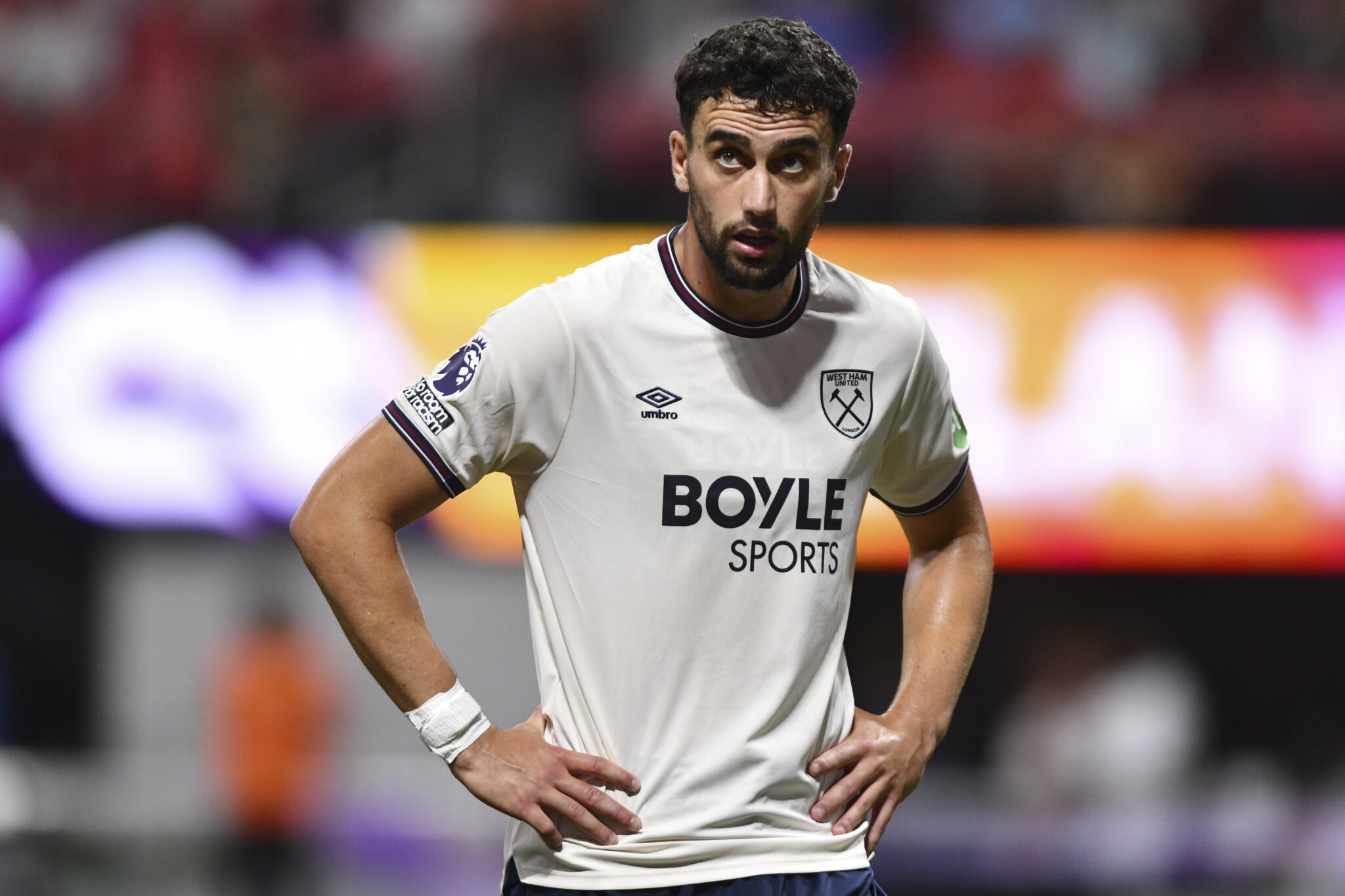Nayef Aguerd #5 of West Ham United FC looks on during the Premier League Summer Series match between AFC Bournemouth and West Ham United FC at Mercedes-Benz Stadium on August 03, 2025 in Atlanta, Georgia. 