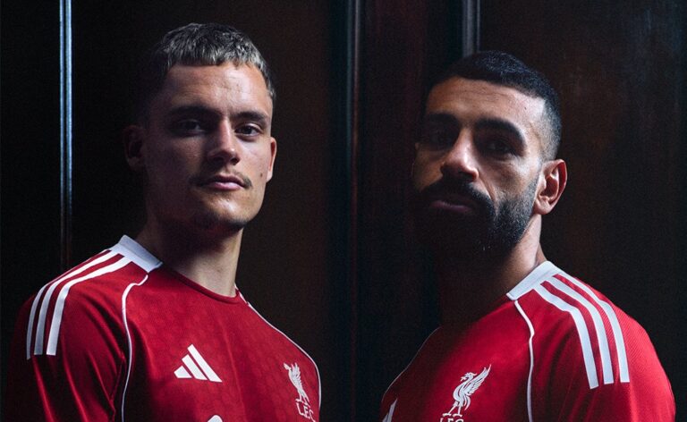 Liverpool players Florian Wirtz and Mo Salah wearing the new kits for the 2025/26 season.