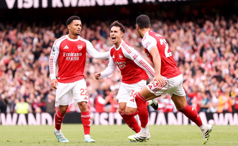 Arsenal midfielder Martin Zubimendi celebrates after scoring his team's first goal during the Premier League match between Arsenal and Nottingham Forest at Emirates Stadium on September 13, 2025 in London, England.