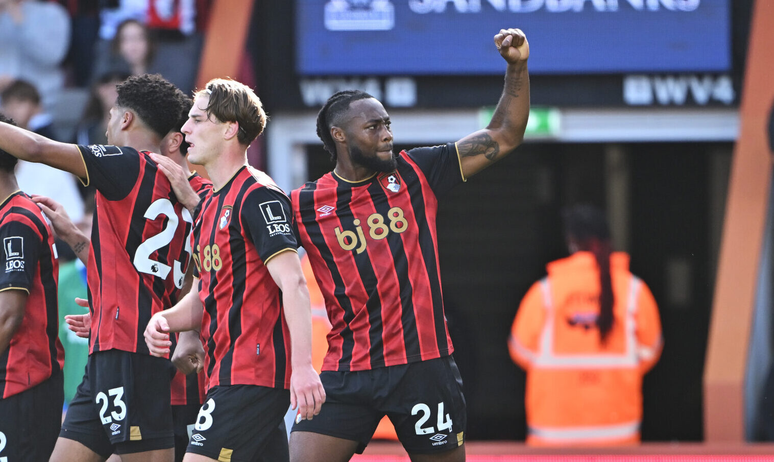 Antoine Semenyo of AFC Bournemouth celebrates scoring his team's second goal during the Premier League match between Bournemouth and Brighton & Hove Albion at Vitality Stadium on September 13, 2025 in Bournemouth, England.