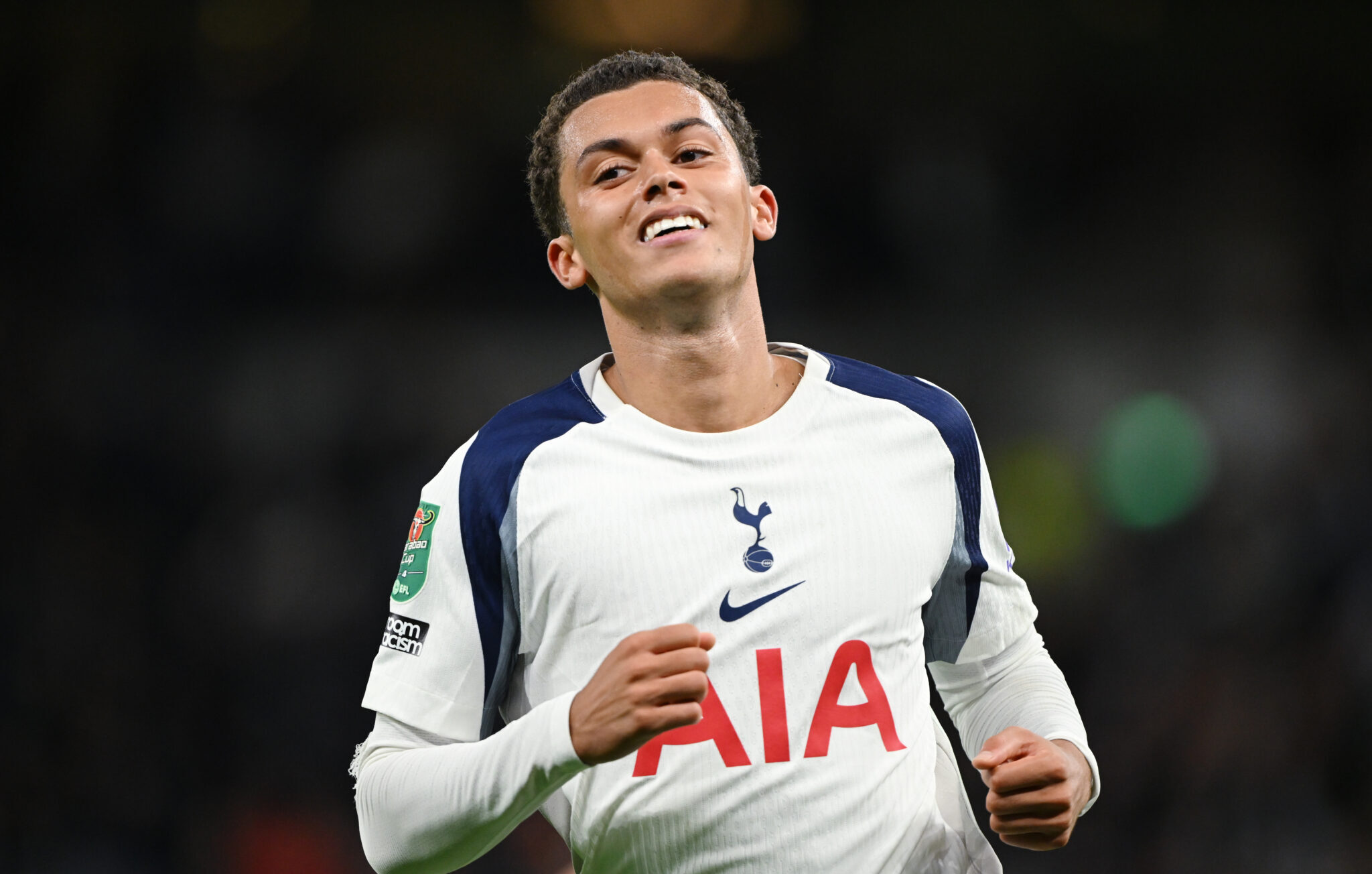 Brennan Johnson of Spurs celebrates scoring his team's third goal during the Carabao Cup Third Round match between Tottenham Hotspur and Doncaster Rovers at Tottenham Hotspur Stadium on September 24, 2025 in London, England.