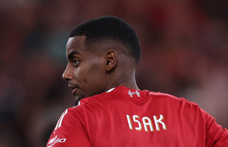 Alexander Isak of Liverpool reacts during the UEFA Champions League 2025/26 League Phase MD1 match between Liverpool FC and Atletico de Madrid at Anfield on September 17, 2025 in Liverpool, England.