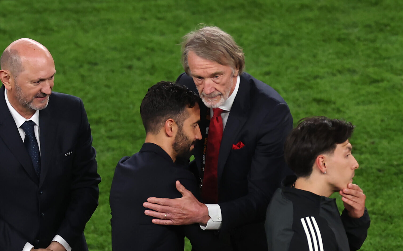 Ruben Amorim, Manager of Manchester United, embraces Sir Jim Ratcliffe, Co-owner of Manchester United following the UEFA Europa League Final 2025 between Tottenham Hotspur and Manchester United at Estadio de San Mames on May 21, 2025 in Bilbao, Spain.