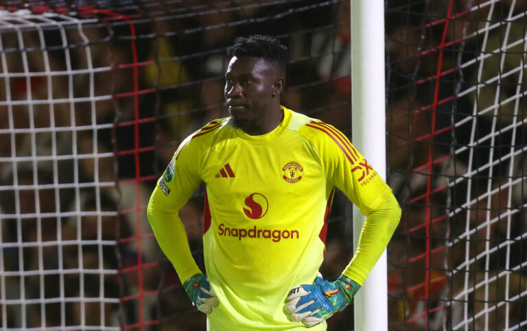 Andre Onana of Man Utd reacts during the Carabao Cup Second Round match between Grimsby Town and Manchester United at Blundell Park on August 27, 2025 in Grimsby, England.