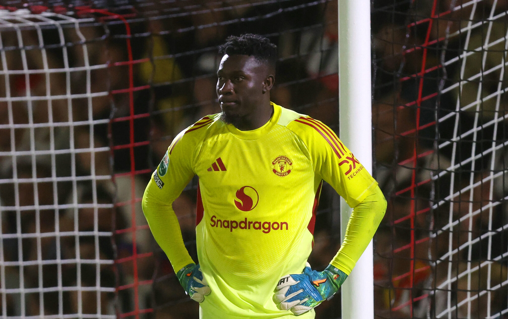 Andre Onana of Man Utd reacts during the Carabao Cup Second Round match between Grimsby Town and Manchester United at Blundell Park on August 27, 2025 in Grimsby, England.