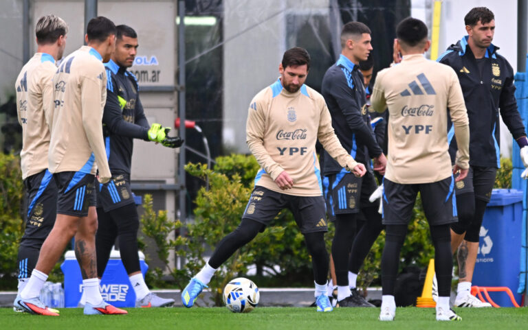 Lionel Messi (C) of Argentina kicks the ball during a training session at Predio Lionel Andres Messi on September 2, 2025 in Ezeiza, Argentina. Argentina will face Venezuela on September 4th as part of the 2026 FIFA World Cup South American qualifiers.