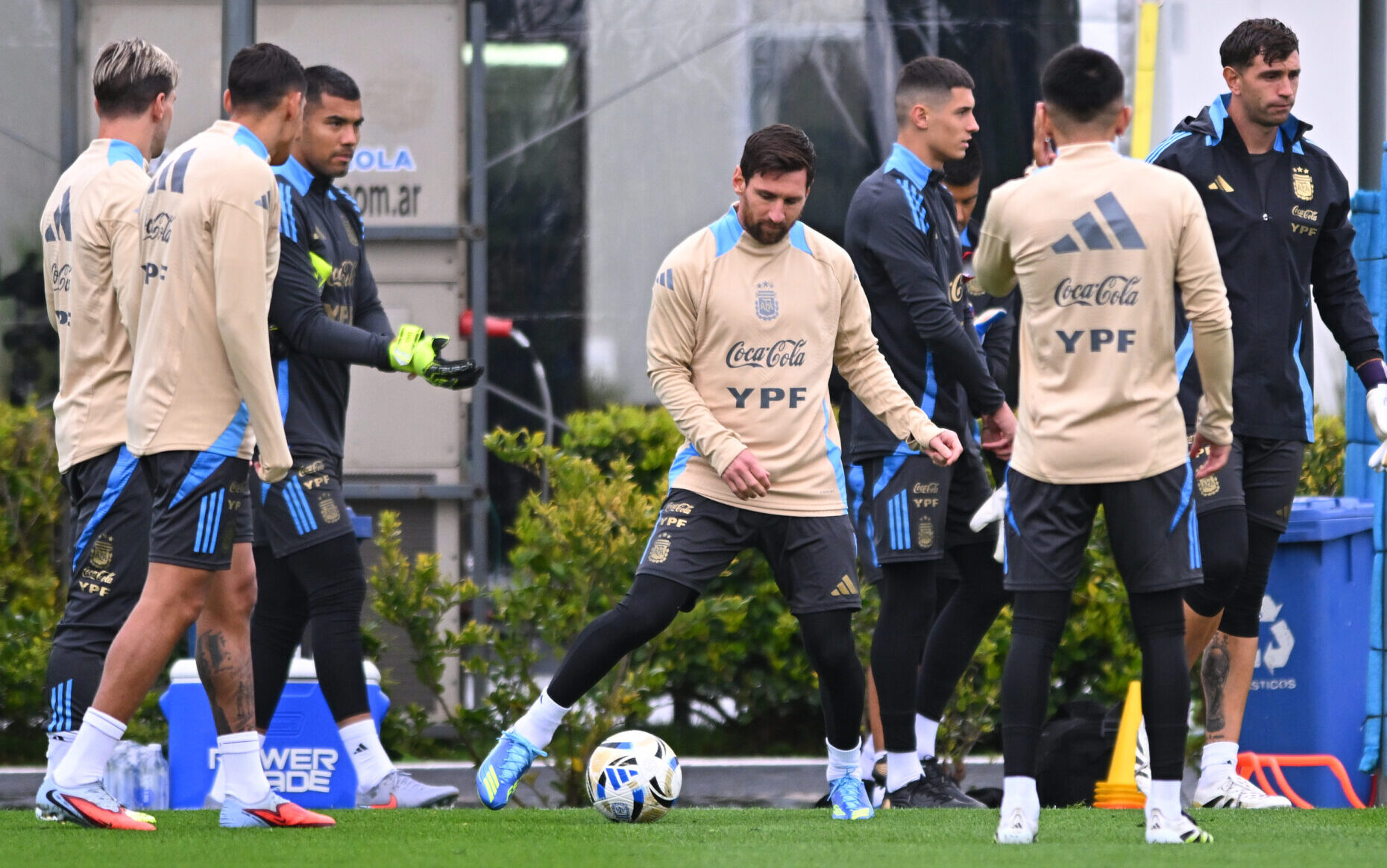 Lionel Messi (C) of Argentina kicks the ball during a training session at Predio Lionel Andres Messi on September 2, 2025 in Ezeiza, Argentina. Argentina will face Venezuela on September 4th as part of the 2026 FIFA World Cup South American qualifiers.