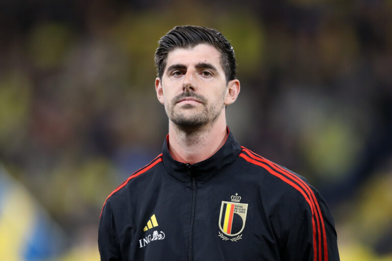 Thibaut Courtois of Belgium looks on prior to the UEFA EURO 2024 qualifying round group F match between Sweden and Belgium at Friends Arena on March 24, 2023 in Stockholm, Sweden.