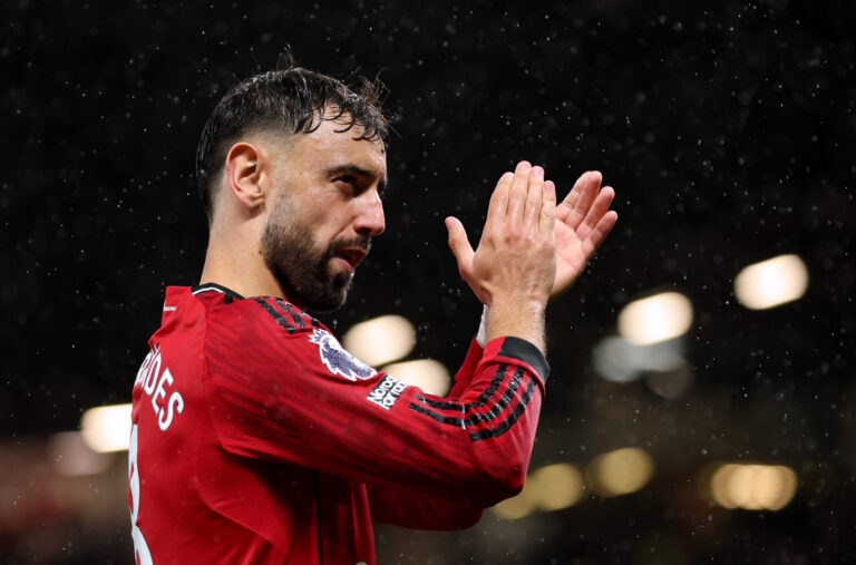Bruno Fernandes of Manchester United applauds the fans after the team's victory in the Premier League match between Manchester United and Chelsea at Old Trafford on September 20, 2025 in Manchester, England.
