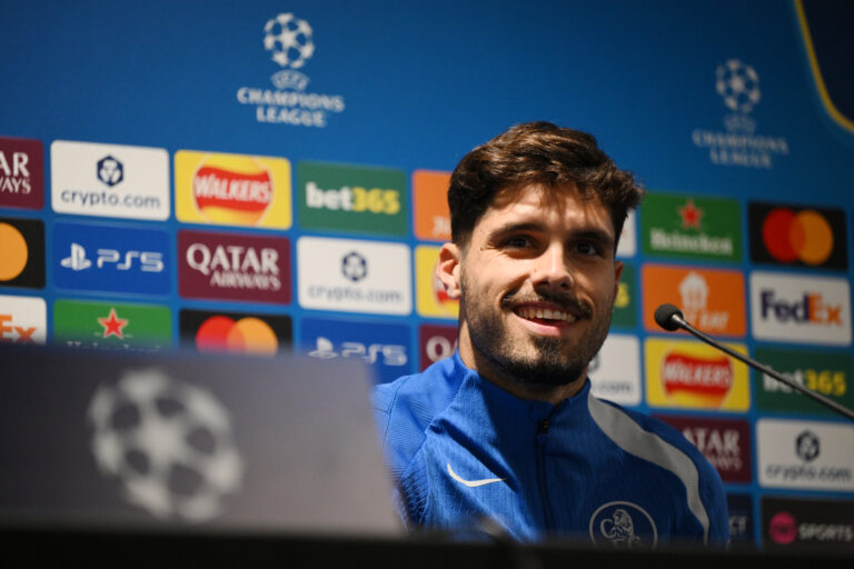 Chelsea player Pedro Neto speaks to the media during a Chelsea Press Conference at Chelsea Training Ground on September 29, 2025 in Cobham, England.