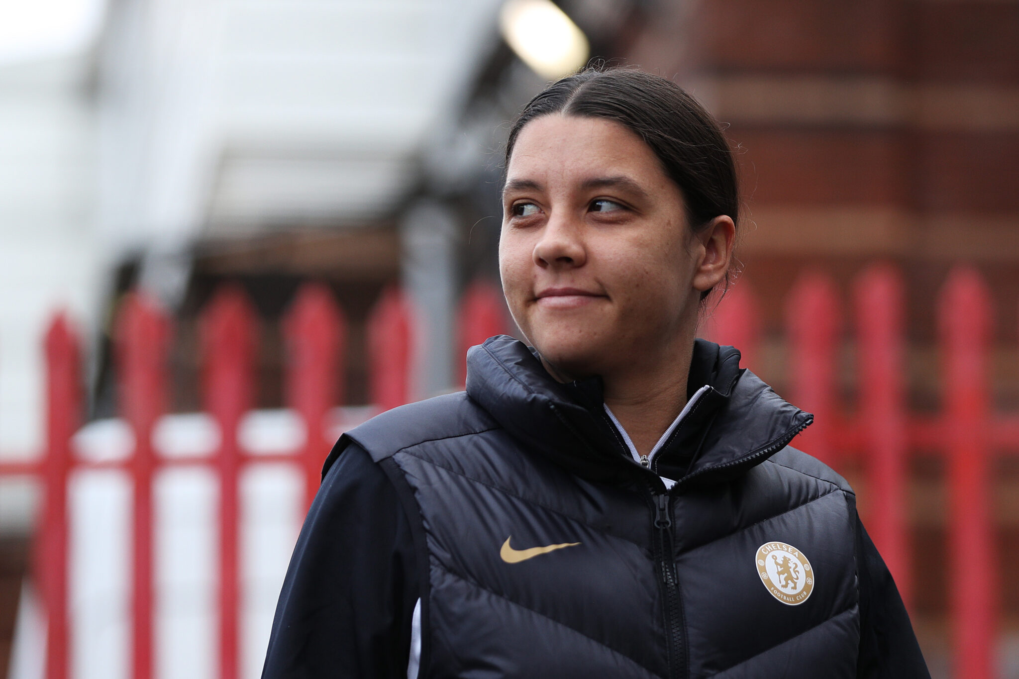 Sam Kerr of Chelsea arrives prior to the Barclays Women's Super League match between Bristol City and Chelsea FC at Ashton Gate Stadium on December 17, 2023 in Bristol, England.