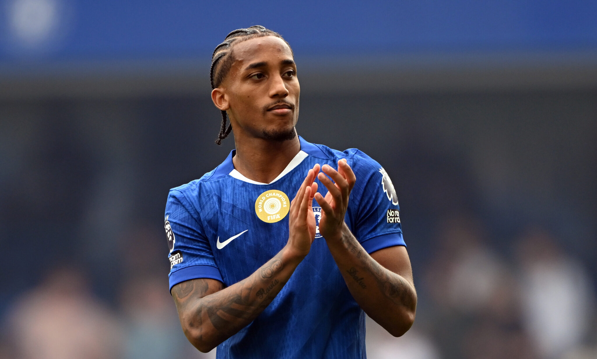 Chelsea player Joao Pedro applauds the fans following the Premier League match between Chelsea and Fulham at Stamford Bridge on August 30, 2025 in London, England.