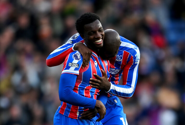 Eddie Nketiah of Crystal Palace celebrates scoring his team's second goal with teammate Jean-Philippe Mateta during the Premier League match between Crystal Palace and Liverpool at Selhurst Park on September 27, 2025 in London, England.