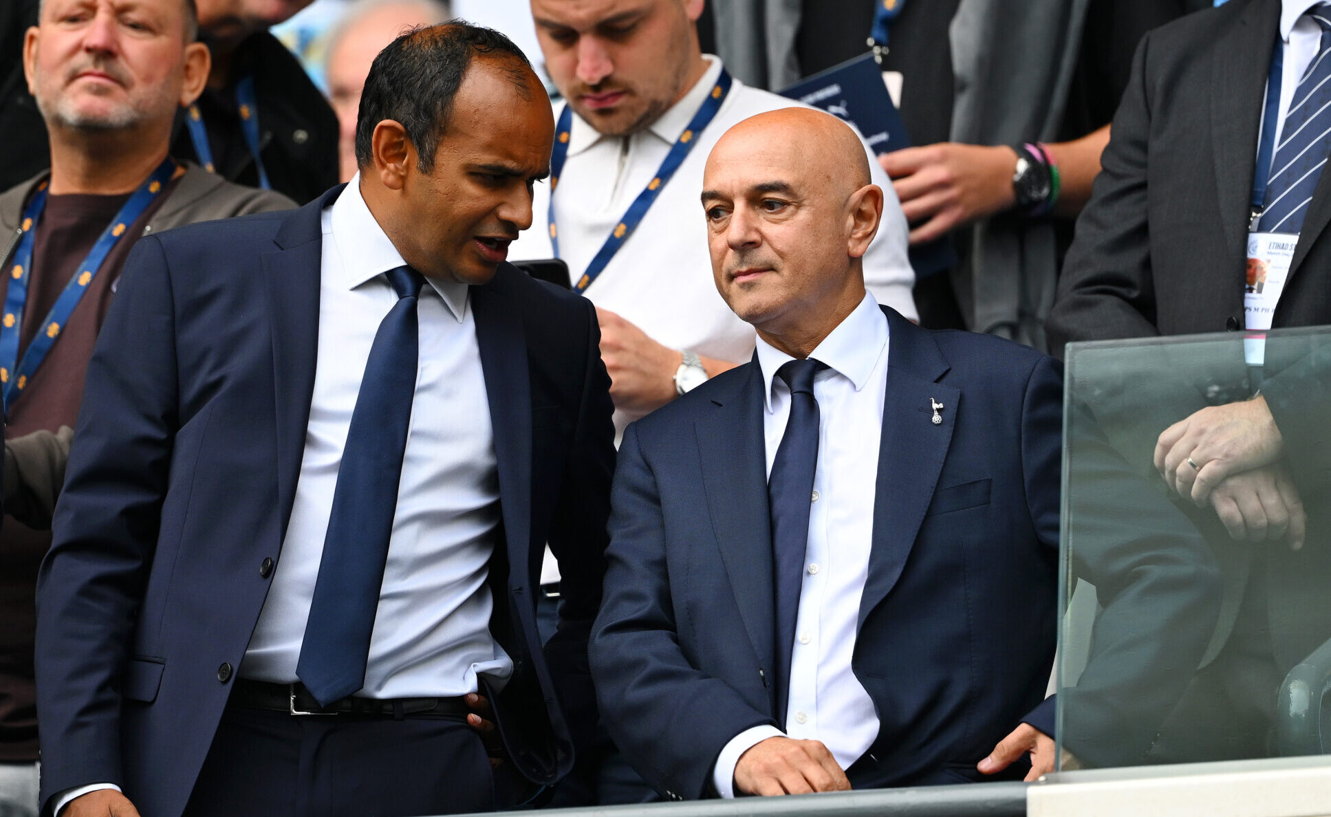 Daniel Levy, former Chairman of Tottenham Hotspur, and Vinai Venkatesham, CEO of Tottenham Hotspur, are seen in attendance prior to the Premier League match between Manchester City and Spurs at Etihad Stadium on August 23, 2025 in Manchester, England.