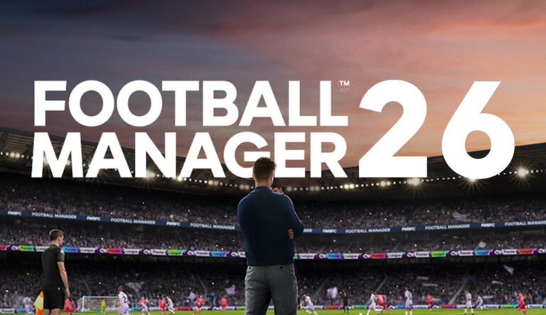 Football Manager 26 promotional image featuring a coach standing on the sideline while a match plays out.