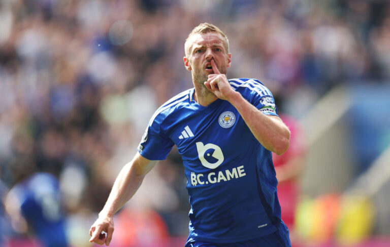 Jamie Vardy, formerly of Leicester City, celebrates scoring his team's first goal which marks his 200th goal for Leicester City during the Premier League match between Leicester City FC and Ipswich Town FC at The King Power Stadium on May 18, 2025 in Leicester, England.