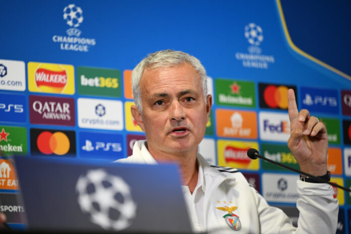 Jose Mourinho, Head Coach of SL Benfica reacts as he speaks to the media during a SL Benfica Press Conference at Stamford Bridge on September 29, 2025 in London, England.
