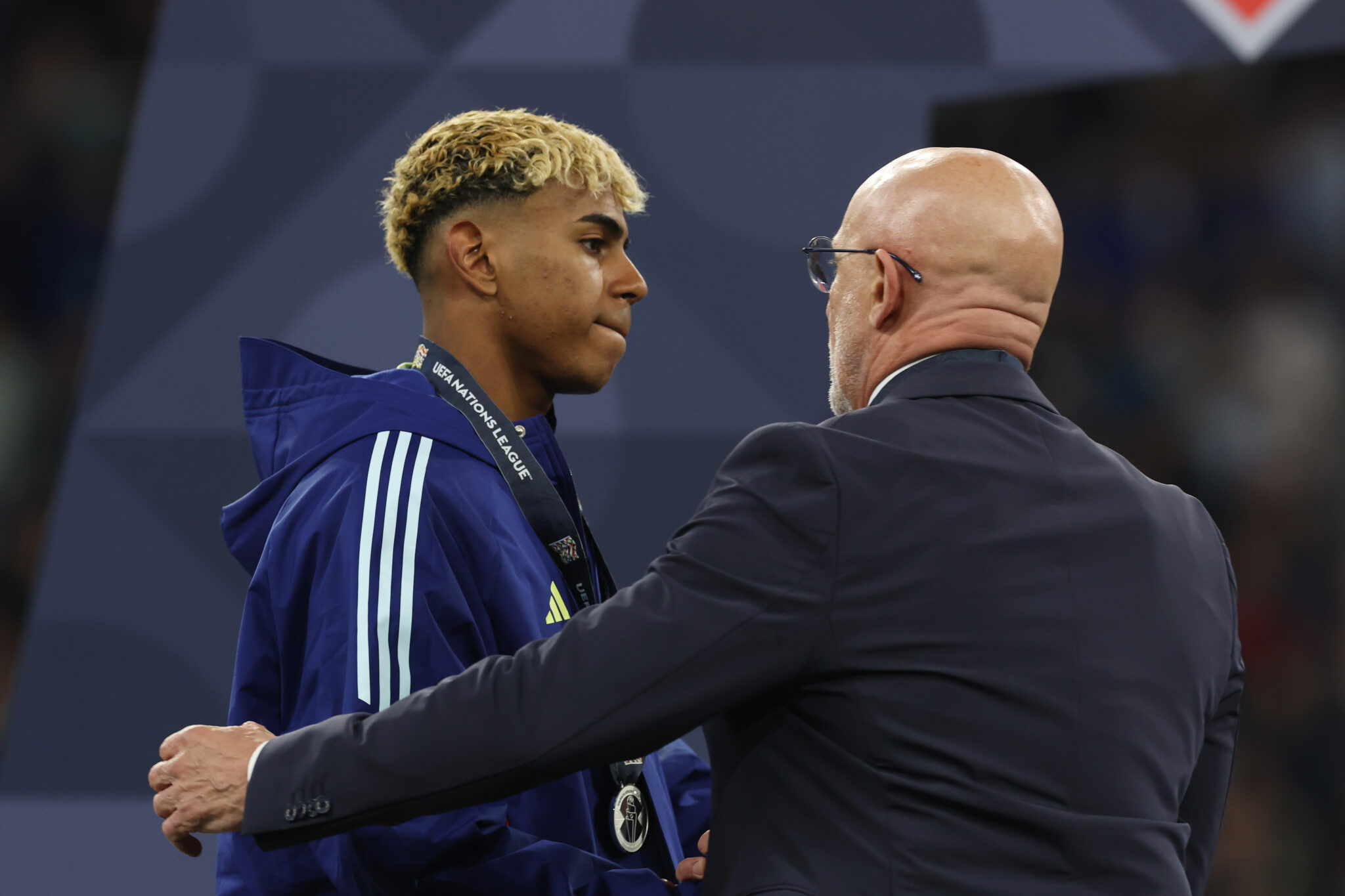 Lamine Yamal of Spain appears dejected as he collects his runners up medal following defeat in the UEFA Nations League 2025 final match between Portugal and Spain at Munich Football Arena on June 08, 2025 in Munich, Germany.