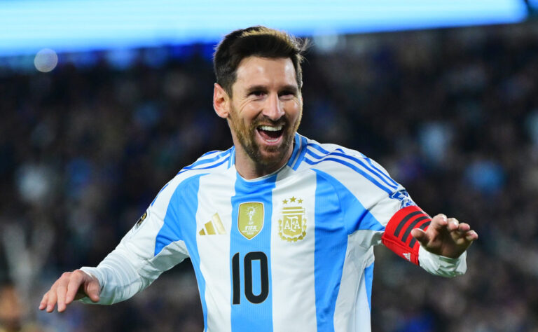 Lionel Messi of Argentina celebrates after scoring the team's third goal during the South American FIFA World Cup 2026 Qualifier match between Argentina and Venezuela at Estadio Más Monumental Antonio Vespucio Liberti on September 04, 2025 in Buenos Aires, Argentina.