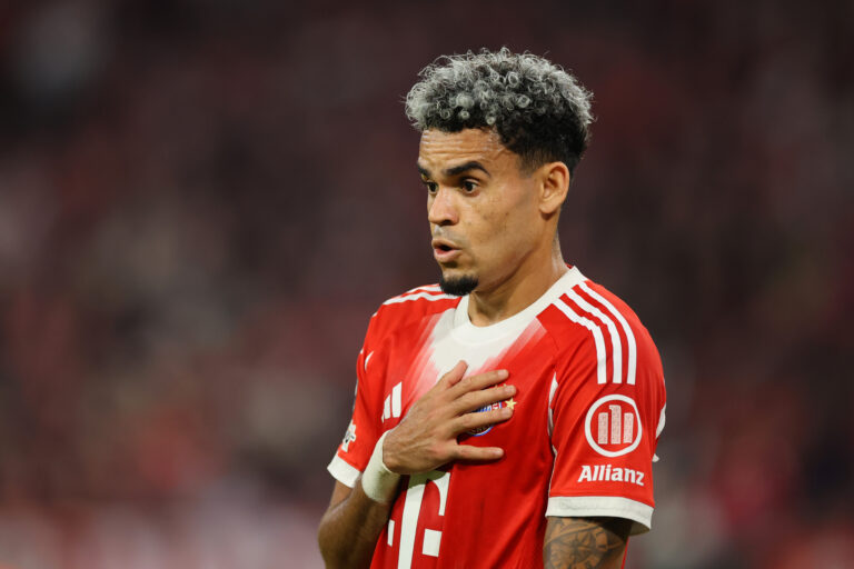 Luis Diaz of Bayern Muenchen reacts during the UEFA Champions League 2025/26 League Phase MD1 match between FC Bayern München and Chelsea FC at Football Arena Munich on September 17, 2025 in Munich, Germany.