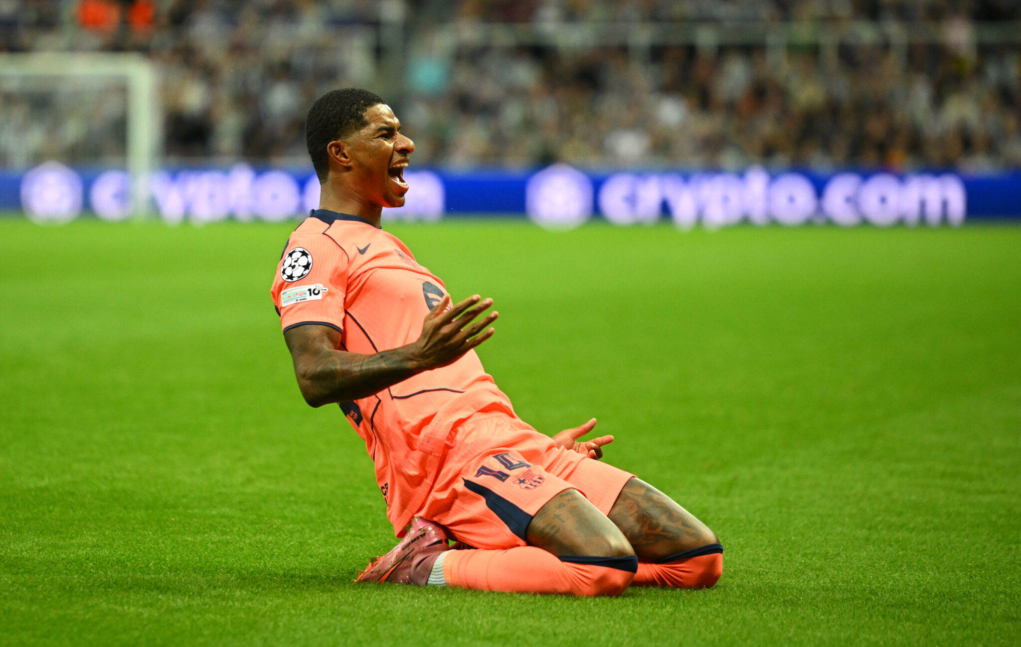 Marcus Rashford of FC Barcelona celebrates scoring his team's first goal during the UEFA Champions League 2025/26 League Phase MD1 match between Newcastle United FC and FC Barcelona at St James' Park on September 18, 2025 in Newcastle upon Tyne, England.