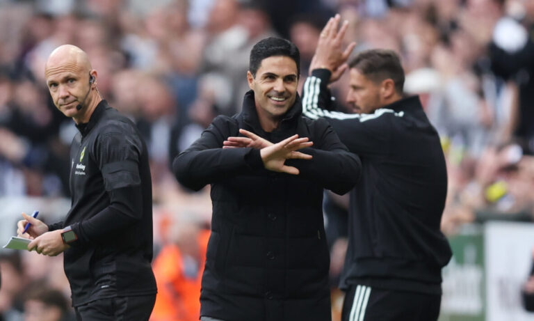 Mikel Arteta, Manager of Arsenal, reacts after a penalty call against Newcastle United was overturned following a VAR decision during the Premier League match between Newcastle United and Arsenal at St James' Park on September 28, 2025 in Newcastle upon Tyne, England.