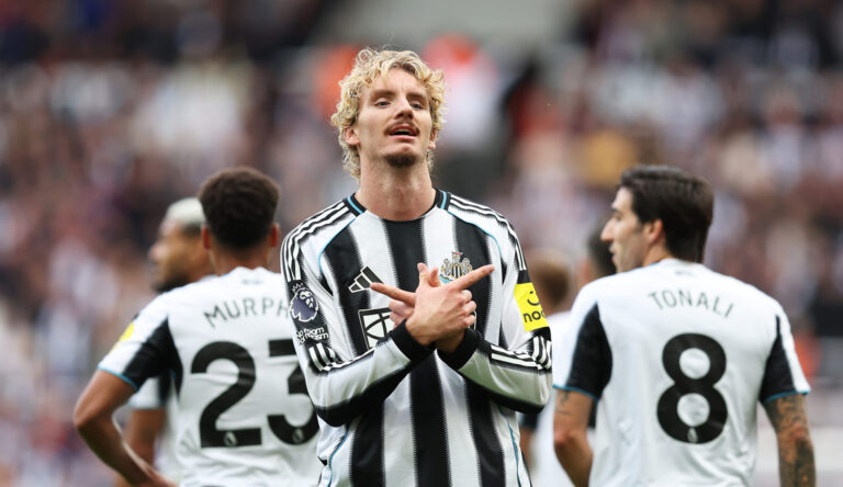 Nick Woltemade of Newcastle United celebrates scoring his team's first goal during the Premier League match between Newcastle United and Wolverhampton Wanderers at St James' Park on September 13, 2025 in Newcastle upon Tyne, England.
