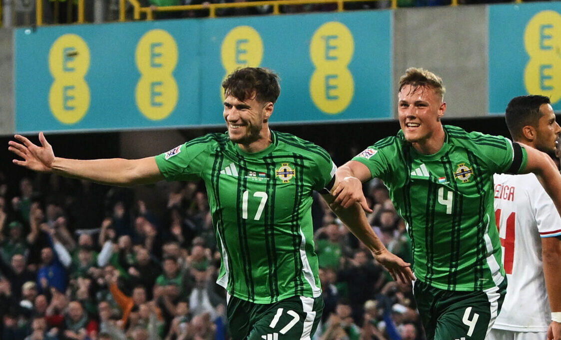 Paddy McNair of Northern Ireland celebrates scoring his team's first goal during the UEFA Nations League 2024/25 League C Group C3 match between Northern Ireland and Luxembourg at Windsor Park on September 05, 2024 in Belfast, Northern Ireland.