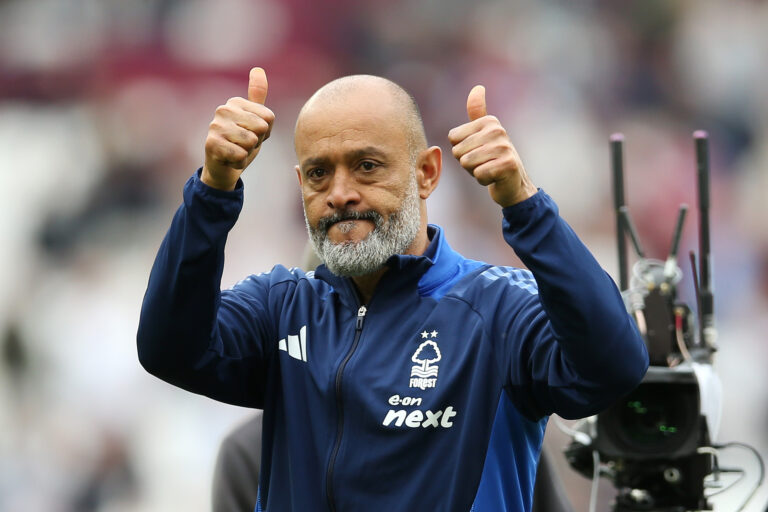 Nuno Espirito Santo, Manager of Nottingham Forest, acknowledges the fans following his team's victory in the Premier League match between West Ham United FC and Nottingham Forest FC at London Stadium on May 18, 2025 in London, England.