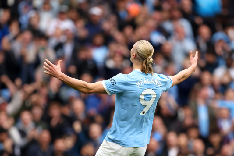 Premier League - Erling Haaland of Manchester City celebrates scoring his team's fifth goal during the Premier League match between Manchester City and Burnley at Etihad Stadium on September 27, 2025 in Manchester, England.