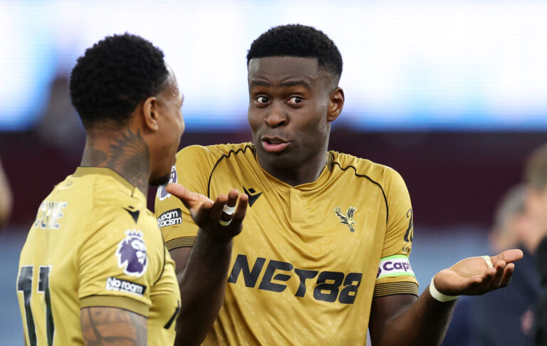 Premier League - Marc Guehi of Crystal Palace talks to teammate Matheus Franca following the team's victory during the Premier League match between Aston Villa and Crystal Palace at Villa Park on August 31, 2025 in Birmingham, England.