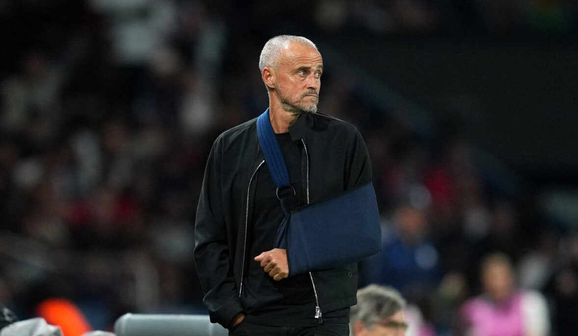 PSG manager Luis Enrique looks on with his arm in a sling during the UEFA Champions League 2025/26 League Phase MD1 match between Paris Saint-Germain and Atalanta BC at Parc des Princes on September 17, 2025 in Paris, France.