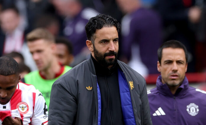 Ruben Amorim, Manager of Man Utd, looks dejected after the team's defeat during the Premier League match between Brentford and Manchester United at Brentford Community Stadium on September 27, 2025 in Brentford, England.