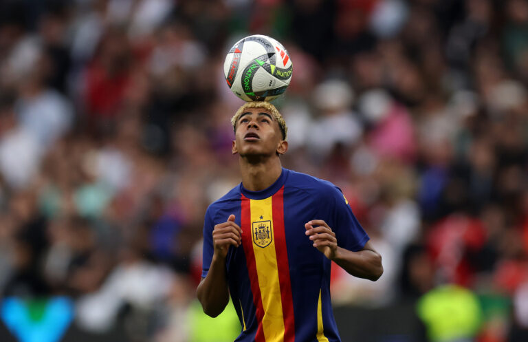 Barcelona and Spain winger Lamine Yamal controls the ball during the warm up prior to the UEFA Nations League 2025 final match between Portugal and Spain at Munich Football Arena on June 08, 2025 in Munich, Germany.