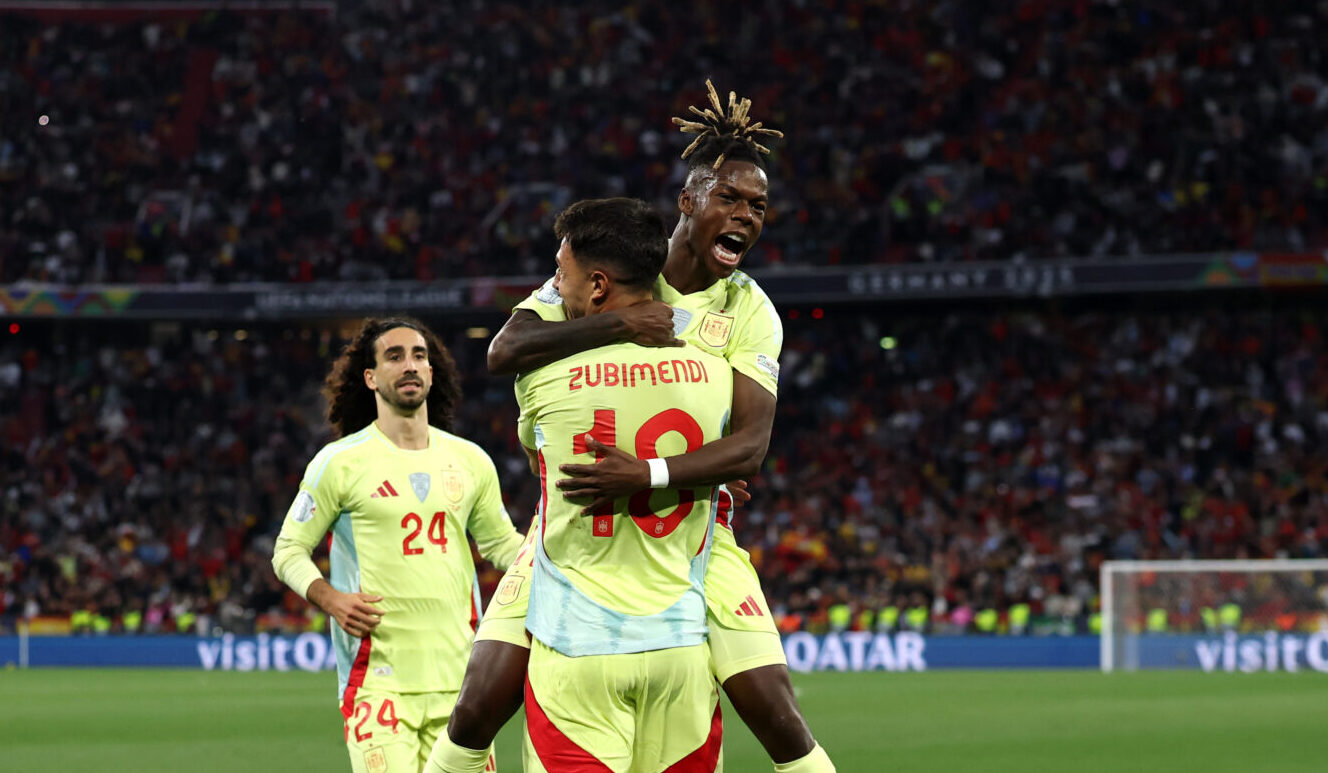 Spain teammates Martin Zubimendi celebrates scoring his team's first goal with Nico Williams during the UEFA Nations League 2025 final match between Portugal and Spain at Munich Football Arena on June 08, 2025 in Munich, Germany.