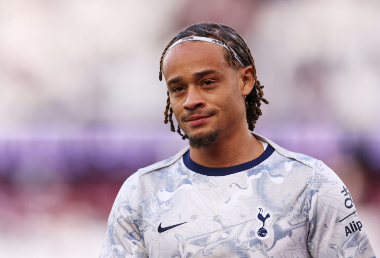 Xavi Simons of Tottenham Hotspur looks on during the warm up prior to the Premier League match between West Ham United and Tottenham Hotspur at London Stadium on September 13, 2025 in London, England.