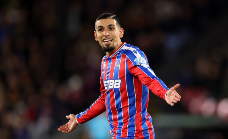 Daniel Munoz of Crystal Palace reacts during the UEFA Conference League 2025/26 League Phase MD2 match between Crystal Palace FC and AEK Larnaca FC at Selhurst Park on October 23, 2025 in London, England.