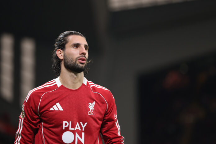 Dominik Szoboszlai of Liverpool in action during the Premier League match between Liverpool and Manchester United at Anfield on October 19, 2025 in Liverpool, England.