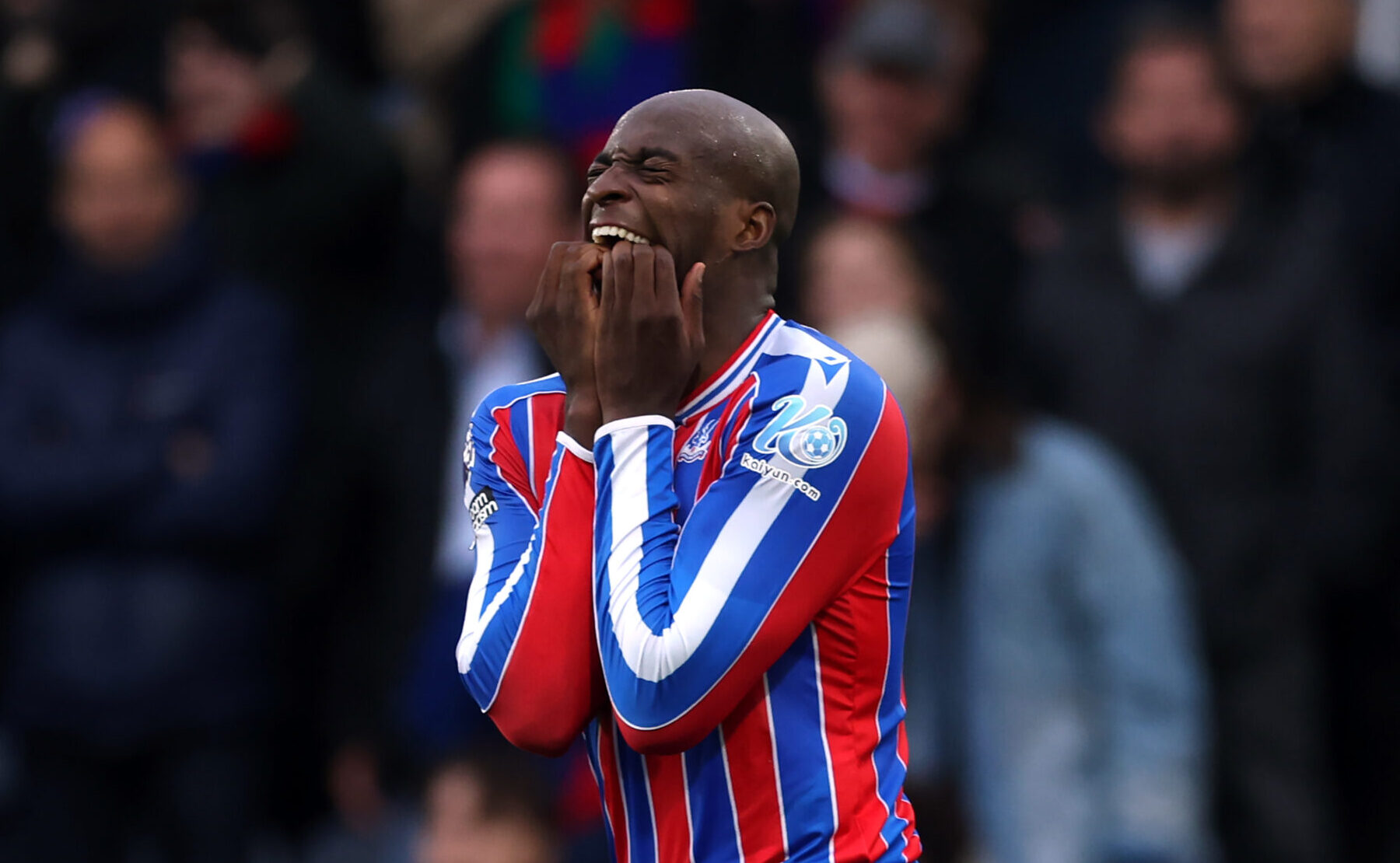 Jean-Philippe Mateta of Crystal Palace grimaces after missing a chance in the Premier League.
