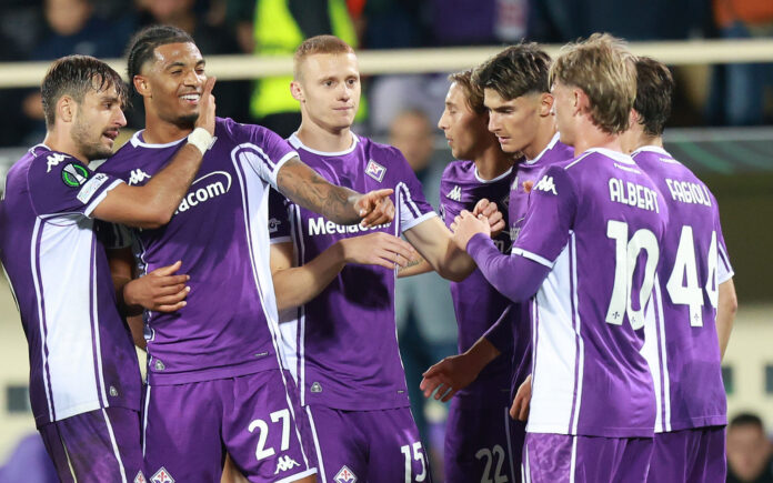 Cher Ndour of ACF Fiorentina celebrates after scoring a goal during the UEFA Conference League 2025/26 League Phase MD1 match between ACF Fiorentina and SK Sigma Olomouc at Stadio Artemio Franchi on October 2, 2025 in Florence, Italy.