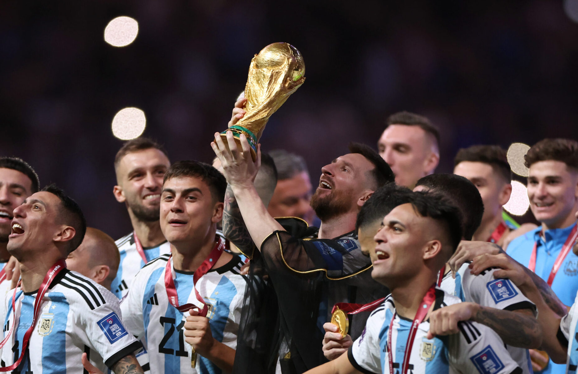 World Cup - Lionel Messi of Argentina lifts the FIFA World Cup Winner's Trophy following the FIFA World Cup Qatar 2022 Final match between Argentina and France at Lusail Stadium on December 18, 2022 in Lusail City, Qatar.