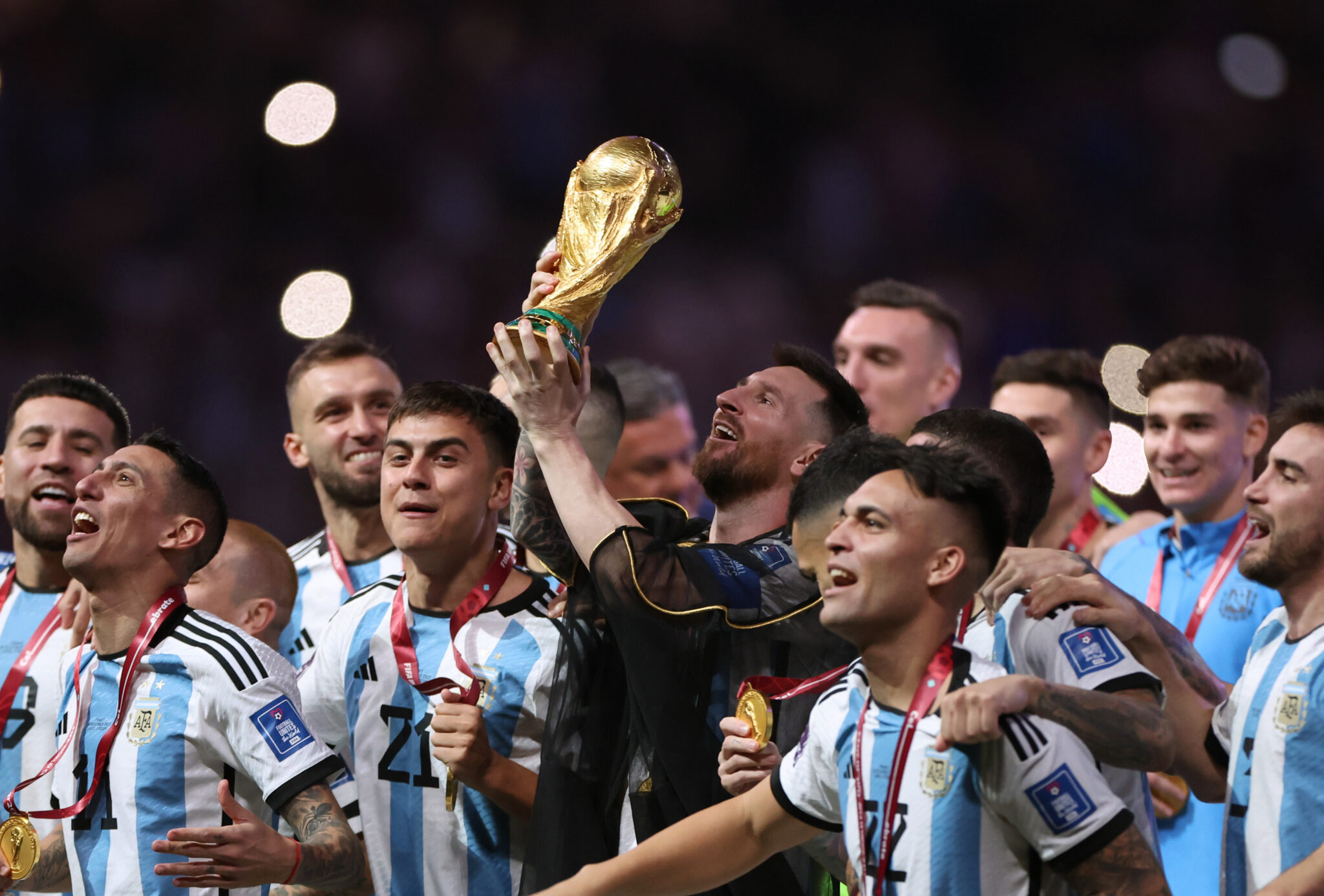 World Cup - Lionel Messi of Argentina lifts the FIFA World Cup Winner's Trophy following the FIFA World Cup Qatar 2022 Final match between Argentina and France at Lusail Stadium on December 18, 2022 in Lusail City, Qatar.