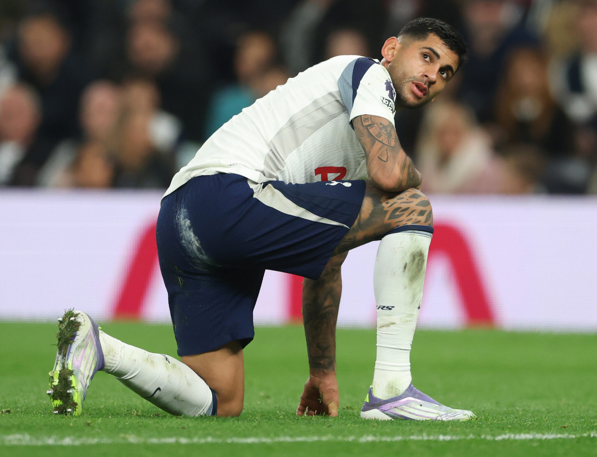 Cristian Romero of Spurs looks on during the Premier League match between Tottenham Hotspur and Wolverhampton Wanderers at Tottenham Hotspur Stadium on September 27, 2025 in London, England.