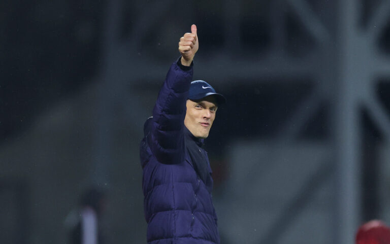 England head coach Thomas Tuchel gestures a thumbs up during the FIFA World Cup 2026 qualifier match between Latvia and England at Daugava Stadium on October 14, 2025 in Riga, Latvia.