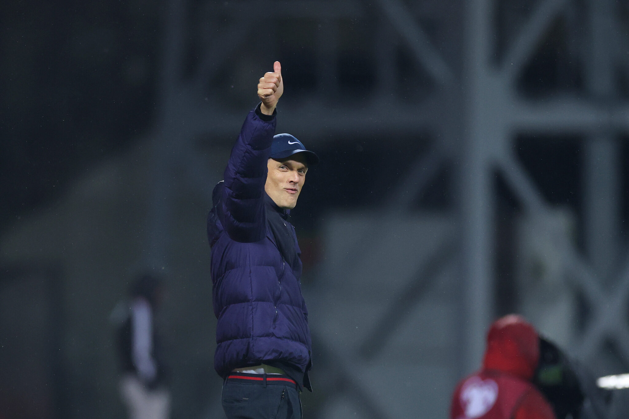 England head coach Thomas Tuchel gestures a thumbs up during the FIFA World Cup 2026 qualifier match between Latvia and England at Daugava Stadium on October 14, 2025 in Riga, Latvia.