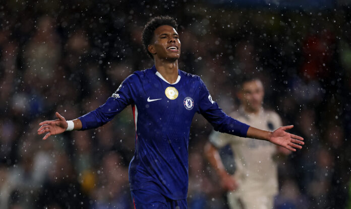 Estevao of Chelsea celebrates scoring his team's fourth goal from the penalty-spot during the UEFA Champions League 2025/26 League Phase MD3 match between Chelsea FC and AFC Ajax at Stamford Bridge on October 22, 2025 in London, England.